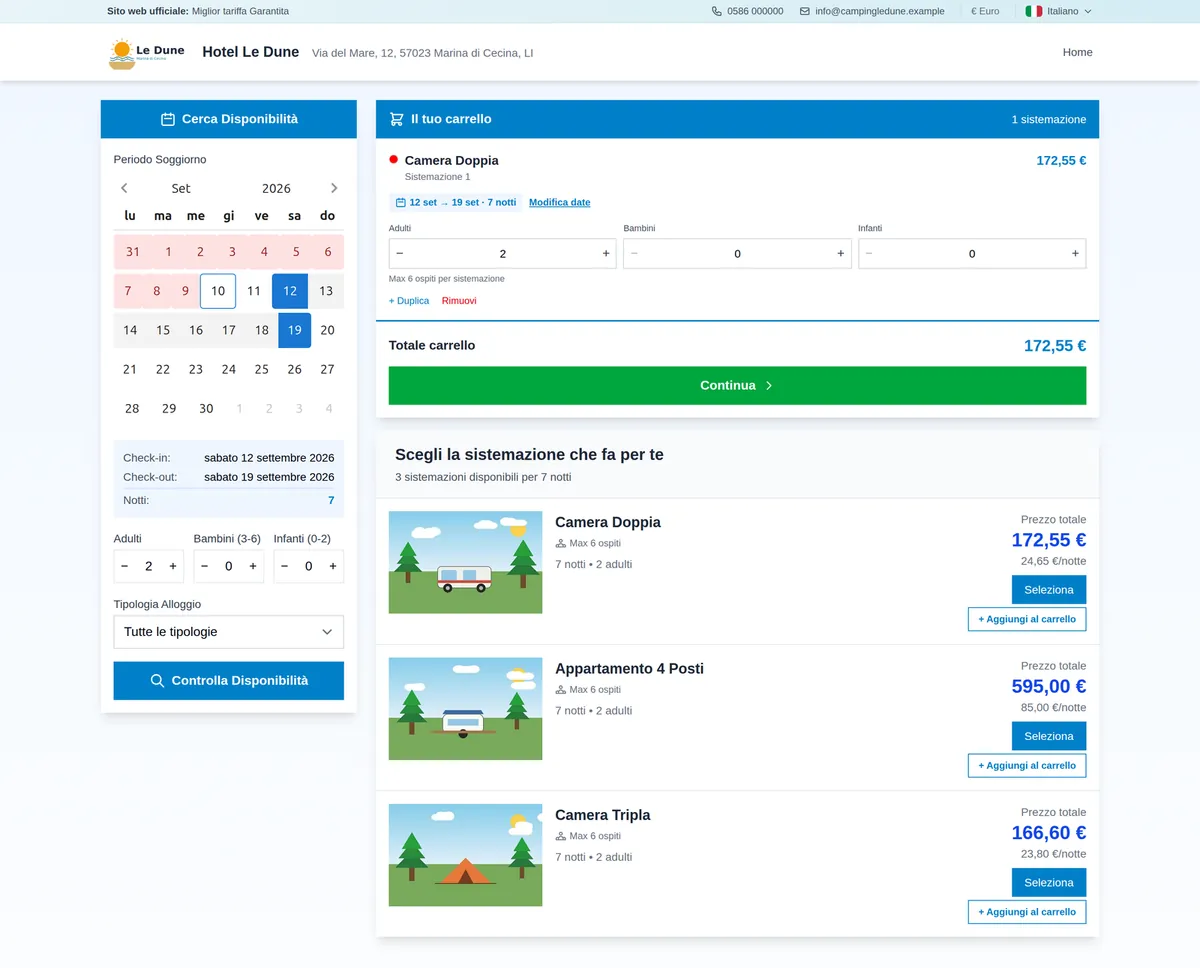 Booking engine pubblico: periodo scelto sul calendario e una sistemazione gia' nel carrello
