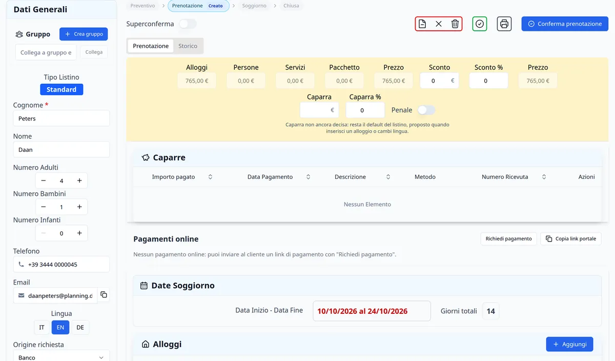 Scheda di una prenotazione appena creata con dati generali, camere, caparre e pagamenti online