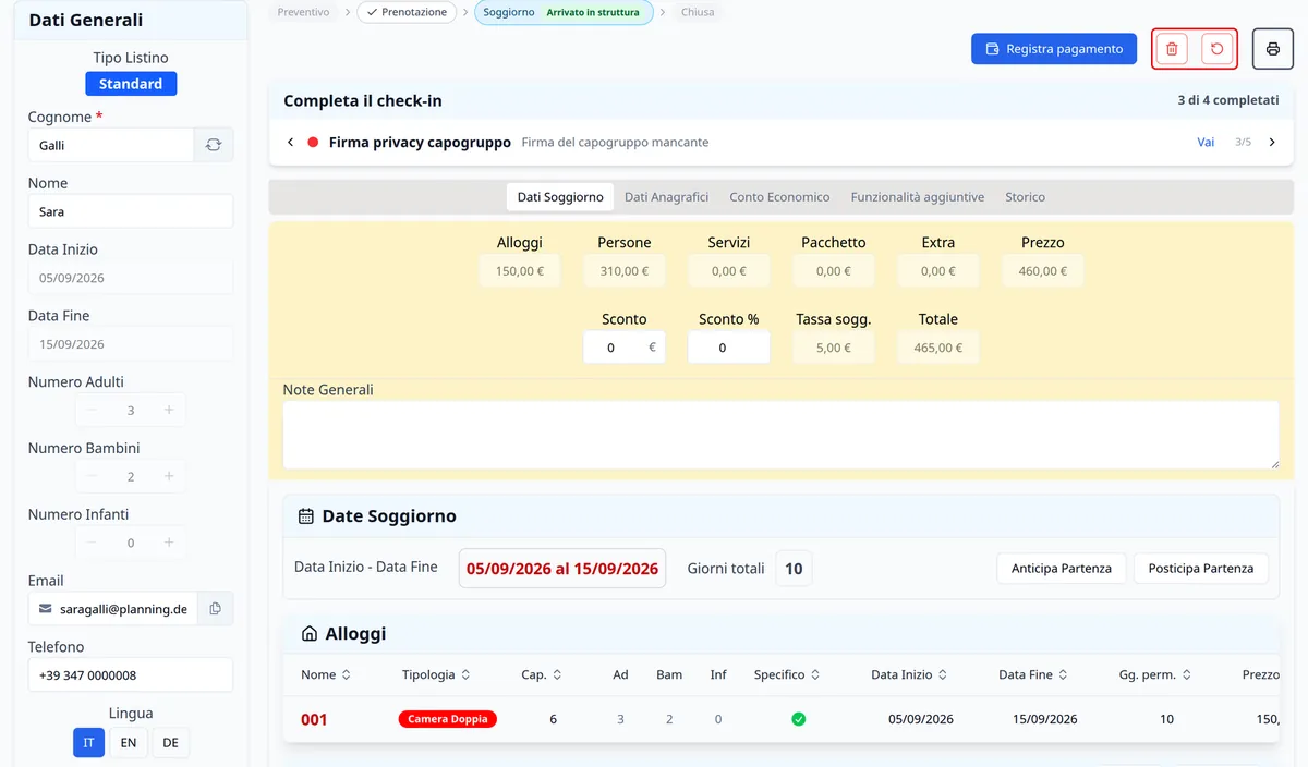 Scheda di un soggiorno in struttura con il check-in guidato, i dati e le date